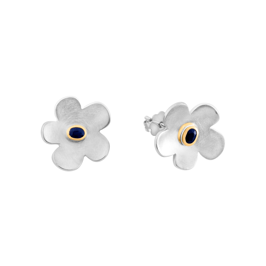 Ohrstecker aus 925er Silber und 750er Gelbgold »Blume, 100978« mit Saphir